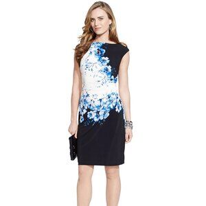 Lauren Ralph Lauren Blue White Floral Boatneck Sheath Dress 4P Petite